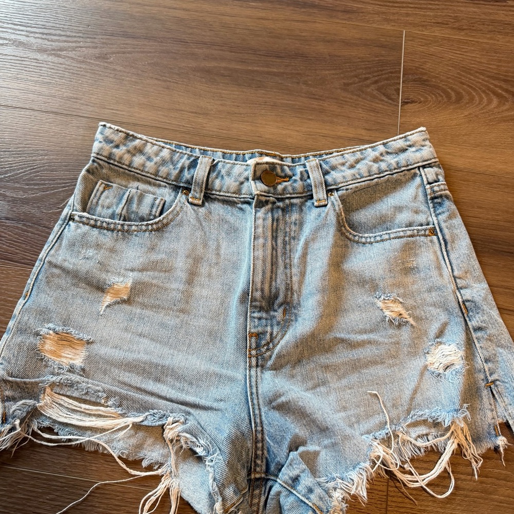 Zara High Waist Distressed Denim Shorts - Light Blue